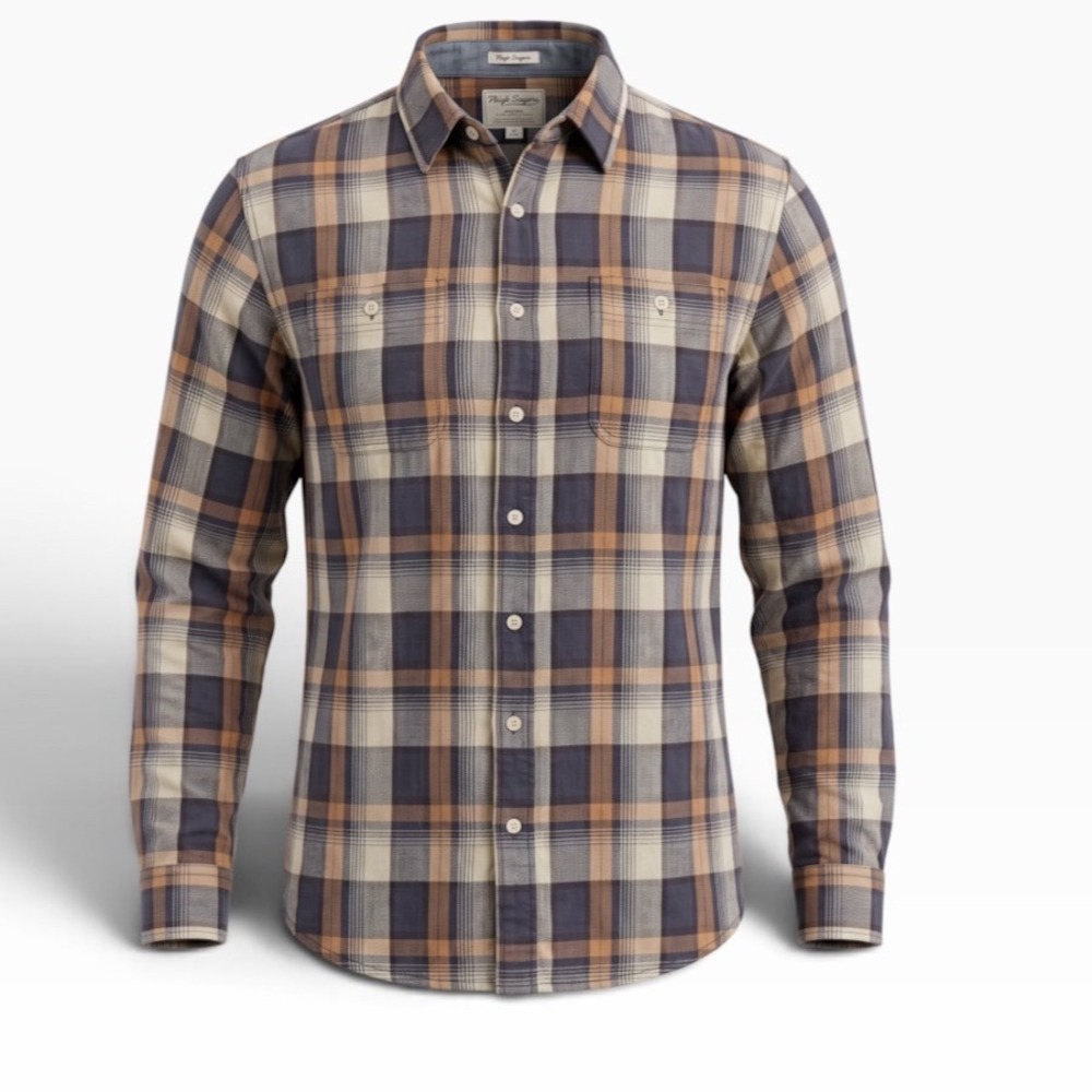 Wrangler Flex for Comfort Mens XL Plaid Button Down Shirt Brown Blue Long Sleeve